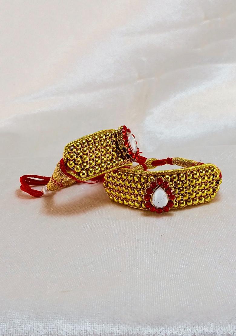 Adjustable Brass Golden Stone Stud Gold Plated Rajasthani Pochu Bracelet Bajuband