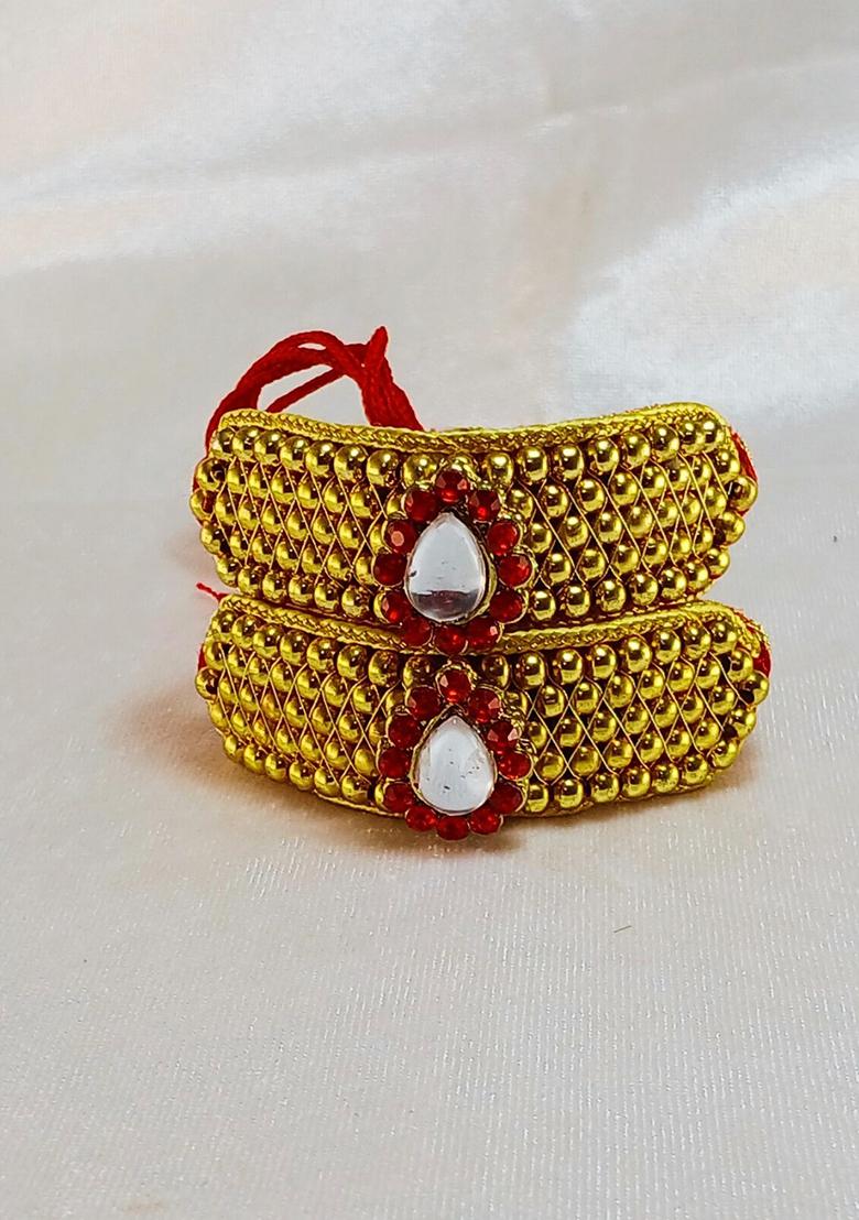 Adjustable Brass Golden Stone Stud Gold Plated Rajasthani Pochu Bracelet Bajuband