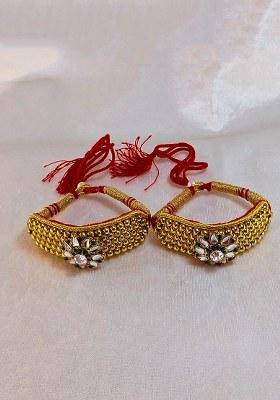 Adjustable Brass Golden Stone Stud Gold Plated Rajasthani Pochu Bracelet Bajuband