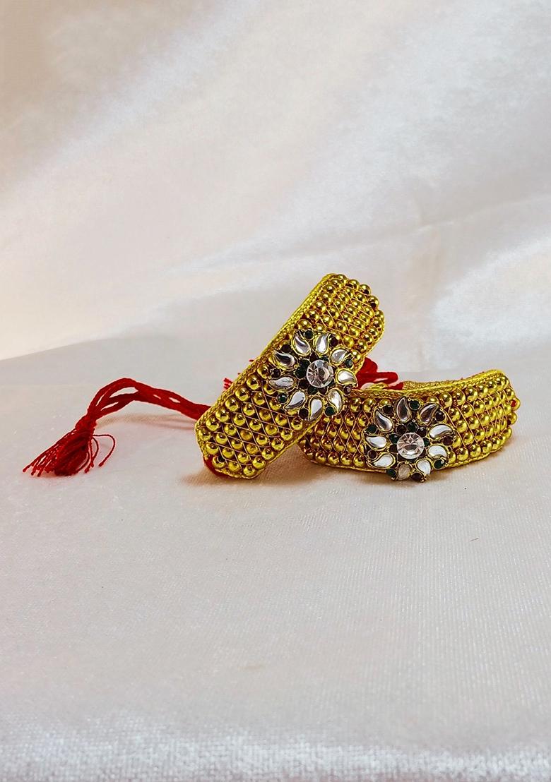 Adjustable Brass Golden Stone Stud Gold Plated Rajasthani Pochu Bracelet Bajuband