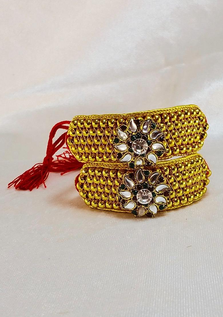 Adjustable Brass Golden Stone Stud Gold Plated Rajasthani Pochu Bracelet Bajuband