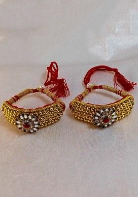 Adjustable Brass Golden Stone Stud Gold Plated Rajasthani Pochu Bracelet Bajuband