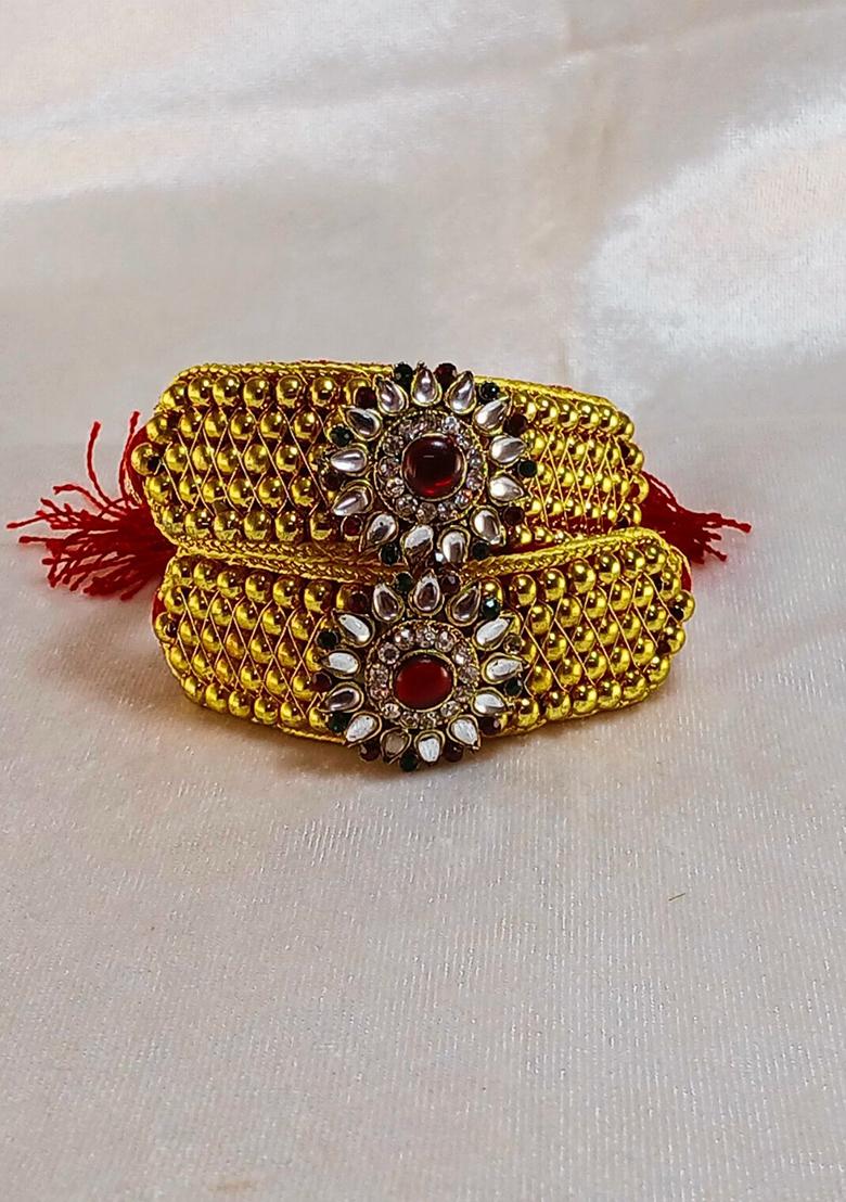 Adjustable Brass Golden Stone Stud Gold Plated Rajasthani Pochu Bracelet Bajuband