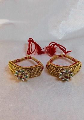 Adjustable Brass Golden Stone Stud Gold Plated Rajasthani Pochu Bracelet Bajuband