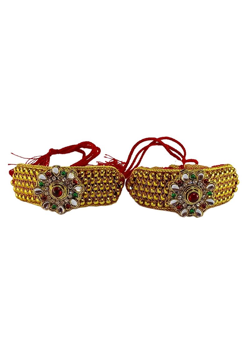 Adjustable Brass Golden Stone Stud Gold Plated Rajasthani Pochu Bracelet Bajuband