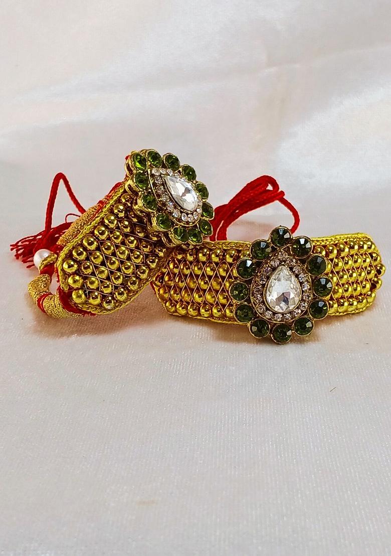 Adjustable Brass Golden Stone Stud Gold Plated Rajasthani Pochu Bracelet Bajuband