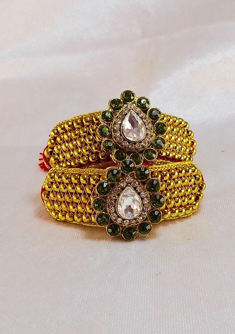 Adjustable Brass Golden Stone Stud Gold Plated Rajasthani Pochu Bracelet Bajuband