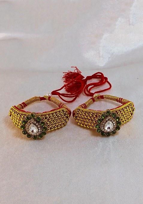 Adjustable Brass Golden Stone Stud Gold Plated Rajasthani Pochu Bracelet Bajuband