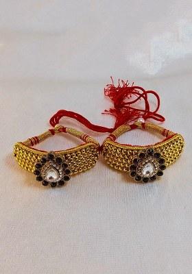 Adjustable Brass Golden Stone Stud Gold Plated Rajasthani Pochu Bracelet Bajuband