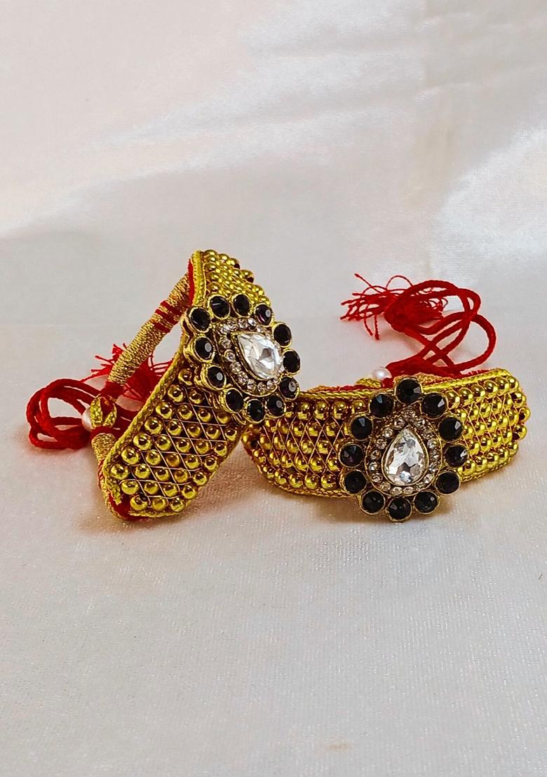 Adjustable Brass Golden Stone Stud Gold Plated Rajasthani Pochu Bracelet Bajuband