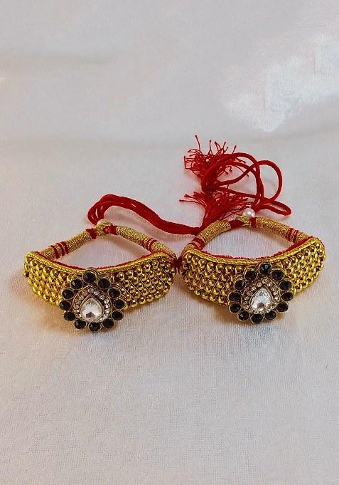 Adjustable Brass Golden Stone Stud Gold Plated Rajasthani Pochu Bracelet Bajuband