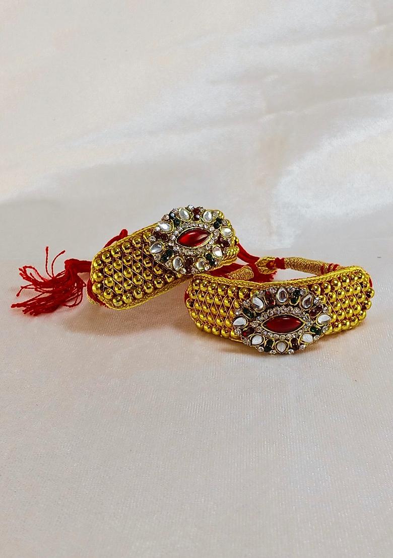 Adjustable Brass Golden Stone Stud Gold Plated Rajasthani Pochu Bracelet Bajuband