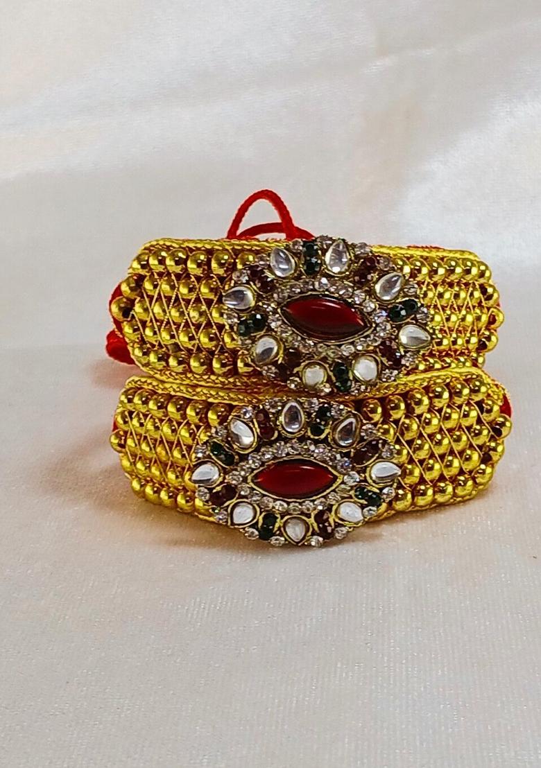 Adjustable Brass Golden Stone Stud Gold Plated Rajasthani Pochu Bracelet Bajuband