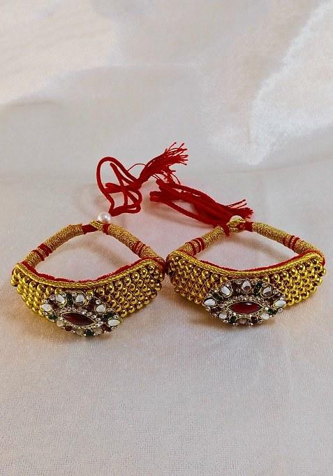 Adjustable Brass Golden Stone Stud Gold Plated Rajasthani Pochu Bracelet Bajuband