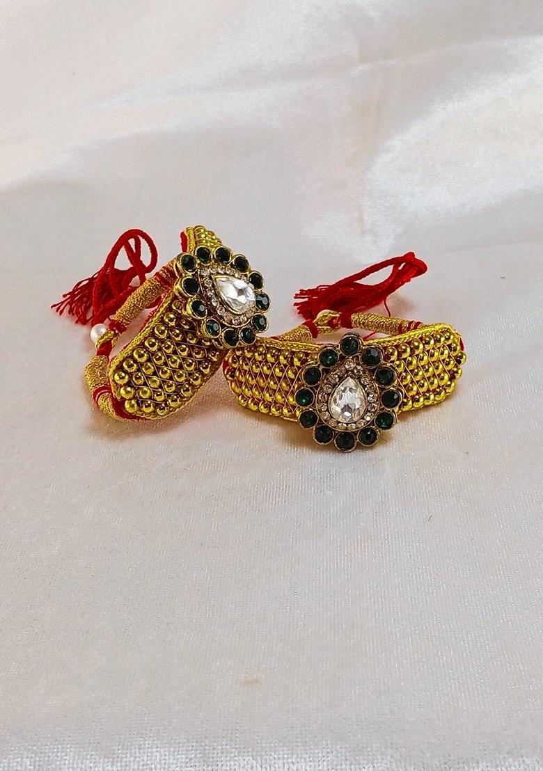 Adjustable Brass Golden Stone Stud Gold Plated Rajasthani Pochu Bracelet Bajuband
