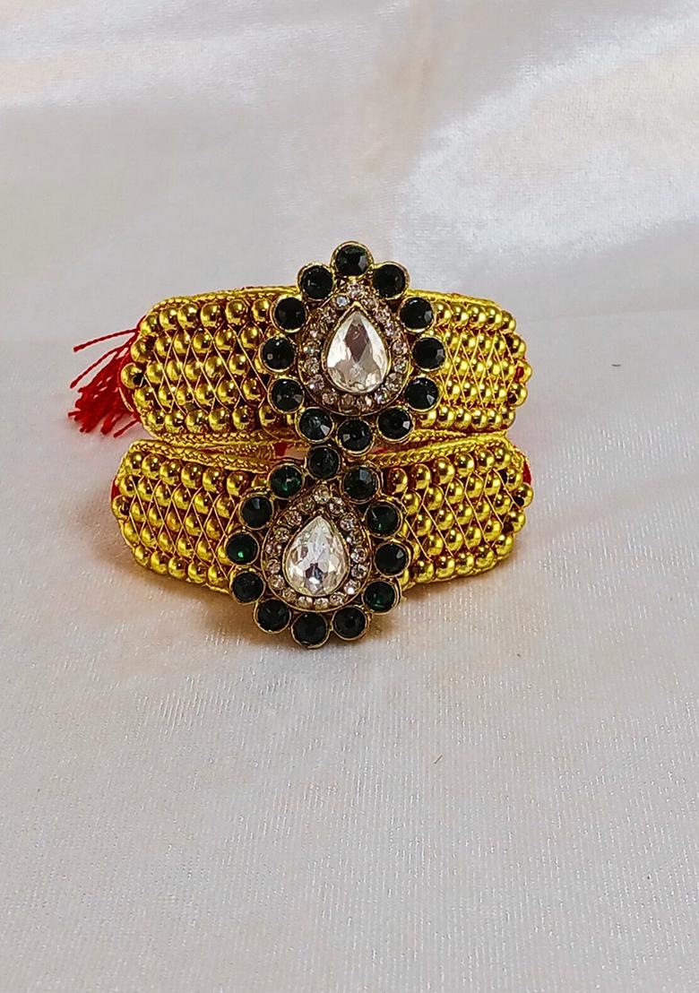 Adjustable Brass Golden Stone Stud Gold Plated Rajasthani Pochu Bracelet Bajuband
