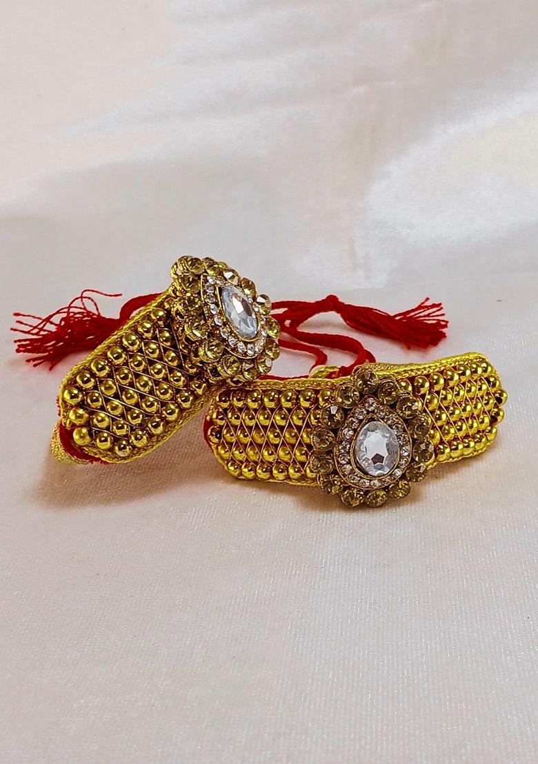 Adjustable Brass Golden Stone Stud Gold Plated Rajasthani Pochu Bracelet Bajuband