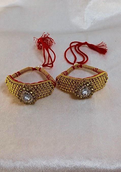 Adjustable Brass Golden Stone Stud Gold Plated Rajasthani Pochu Bracelet Bajuband