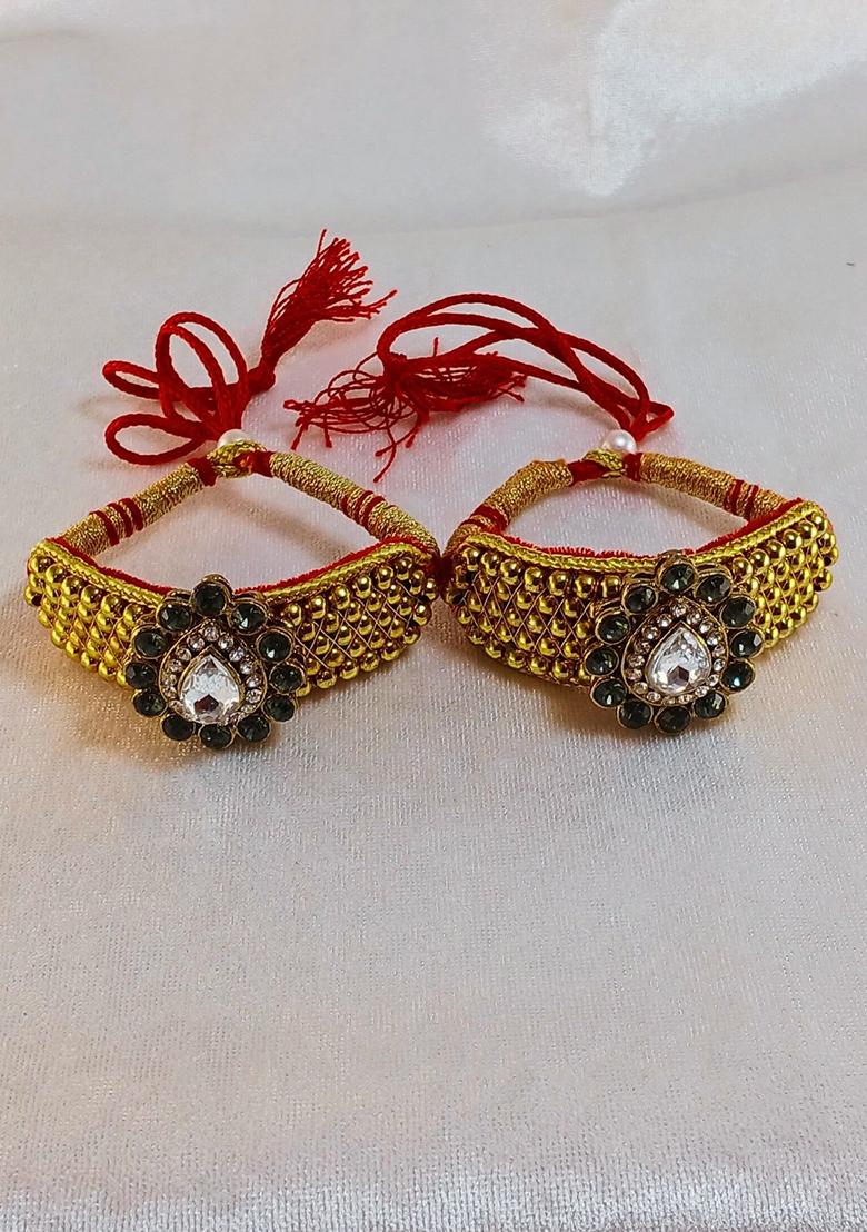 Adjustable Brass Golden Stone Stud Gold Plated Rajasthani Pochu Bracelet Bajuband