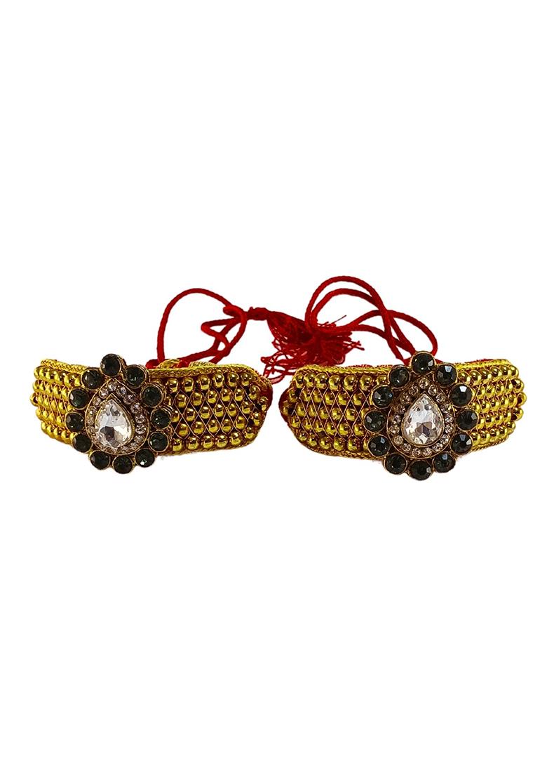 Adjustable Brass Golden Stone Stud Gold Plated Rajasthani Pochu Bracelet Bajuband