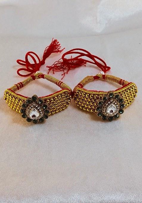 Adjustable Brass Golden Stone Stud Gold Plated Rajasthani Pochu Bracelet Bajuband