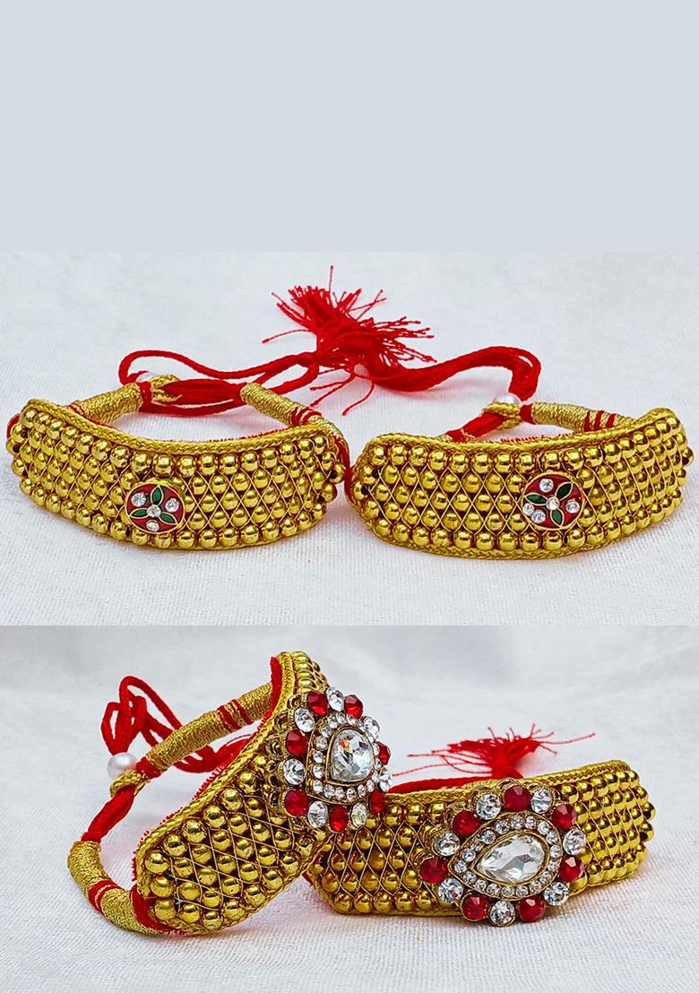Adjustable Brass Golden Stone Stud Gold Plated Rajasthani Pochu Bracelet Bajuband