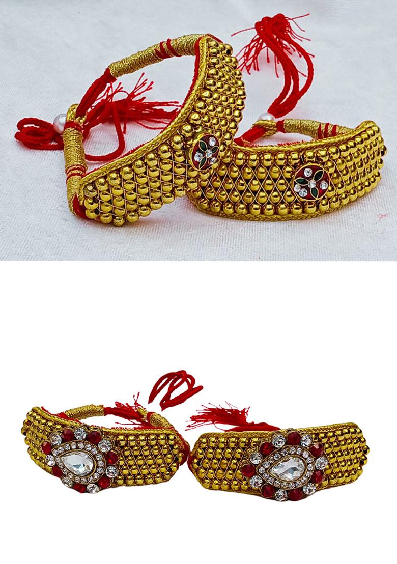 Adjustable Brass Golden Stone Stud Gold Plated Rajasthani Pochu Bracelet Bajuband