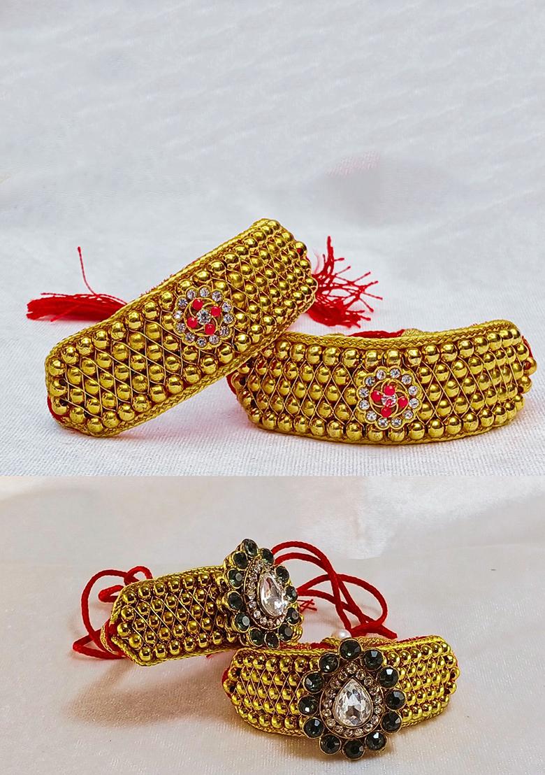 Adjustable Brass Golden Stone Stud Gold Plated Rajasthani Pochu Bracelet Bajuband