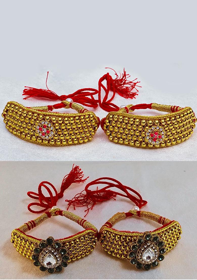 Adjustable Brass Golden Stone Stud Gold Plated Rajasthani Pochu Bracelet Bajuband
