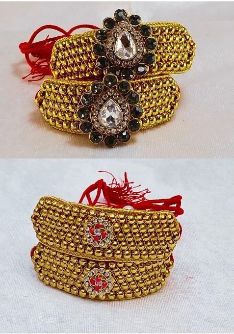 Adjustable Brass Golden Stone Stud Gold Plated Rajasthani Pochu Bracelet Bajuband
