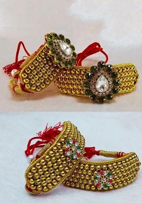 Adjustable Brass Golden Stone Stud Gold Plated Rajasthani Pochu Bracelet Bajuband