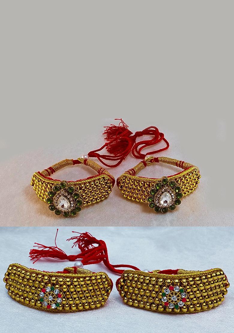 Adjustable Brass Golden Stone Stud Gold Plated Rajasthani Pochu Bracelet Bajuband