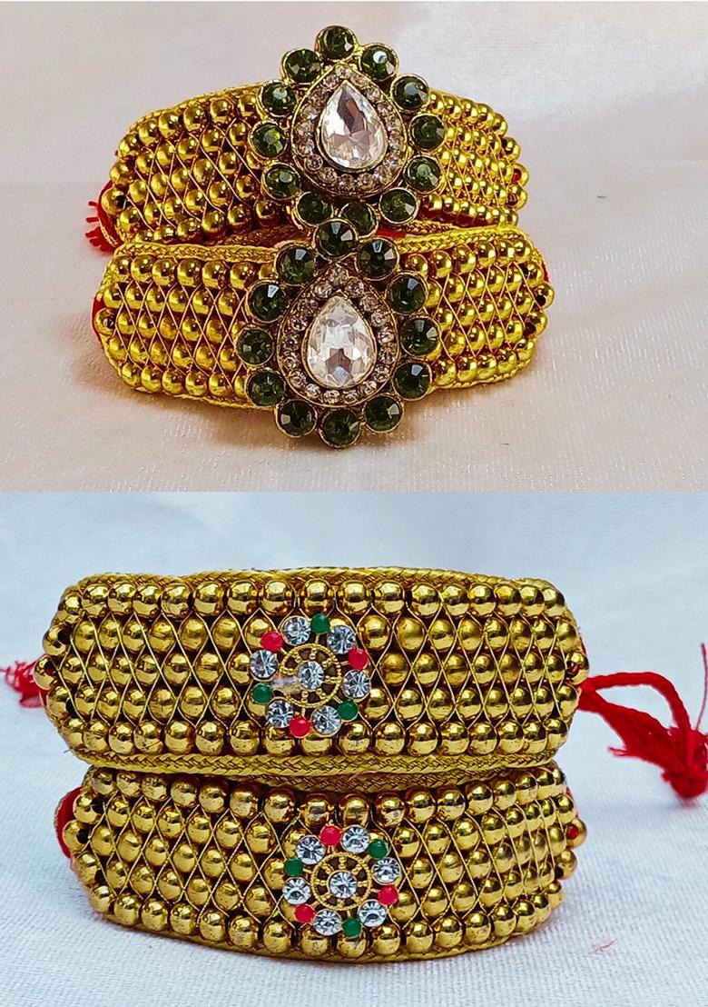 Adjustable Brass Golden Stone Stud Gold Plated Rajasthani Pochu Bracelet Bajuband