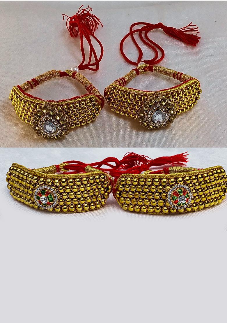 Adjustable Brass Golden Stone Stud Gold Plated Rajasthani Pochu Bracelet Bajuband