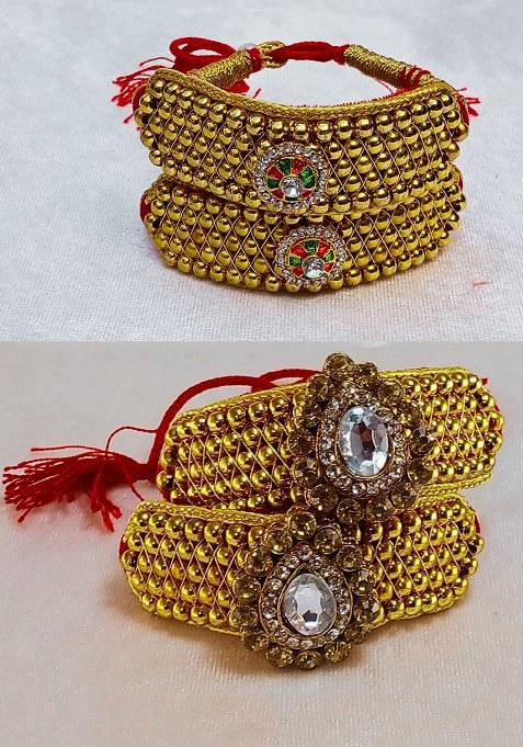 Adjustable Brass Golden Stone Stud Gold Plated Rajasthani Pochu Bracelet Bajuband