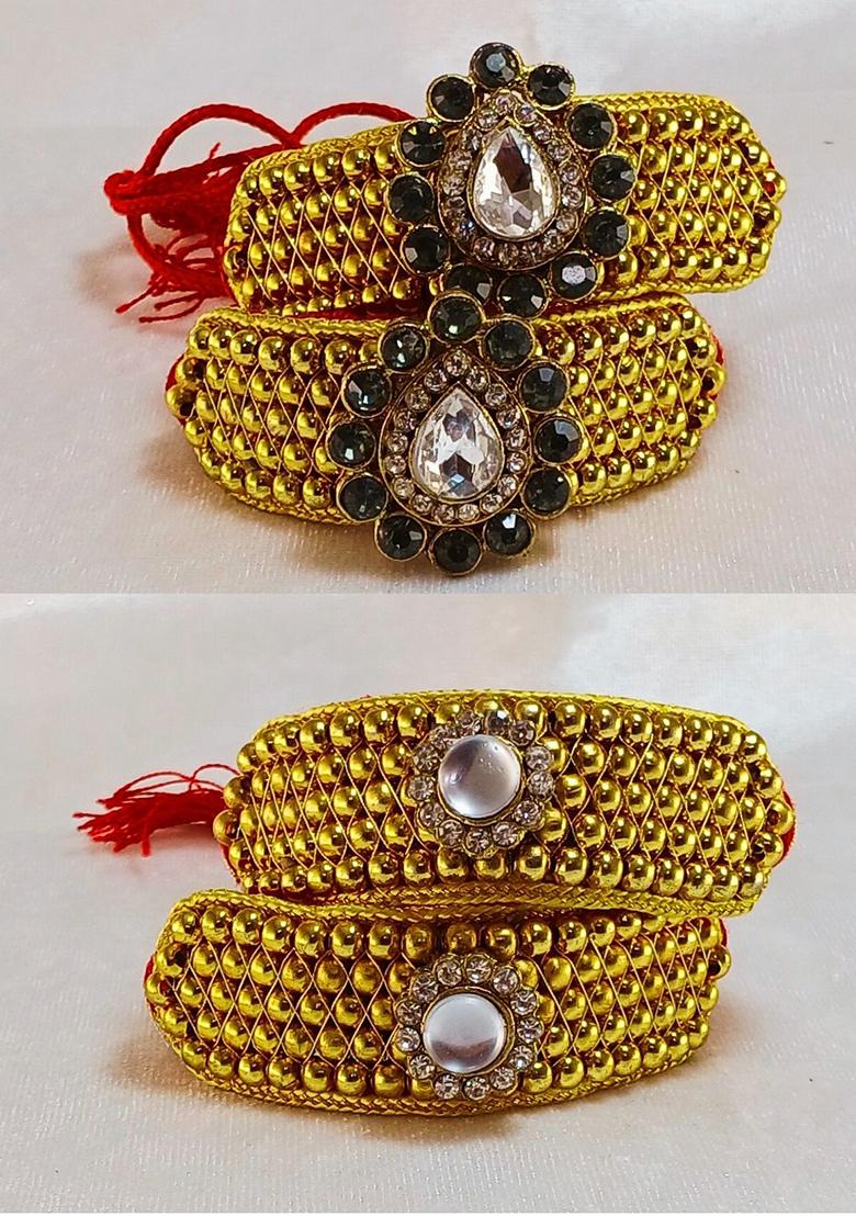 Adjustable Brass Golden Stone Stud Gold Plated Rajasthani Pochu Bracelet Bajuband