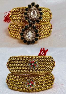 Adjustable Brass Golden Stone Stud Gold Plated Rajasthani Pochu Bracelet Bajuband