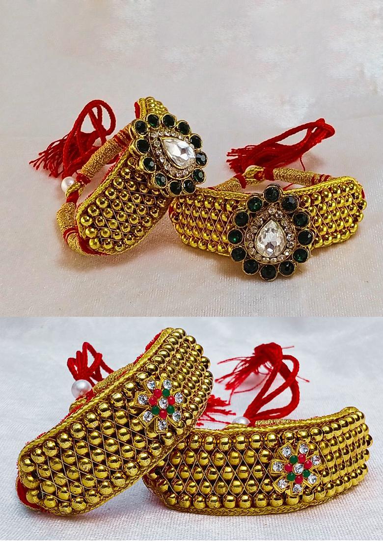 Adjustable Brass Golden Stone Stud Gold Plated Rajasthani Pochu Bracelet Bajuband