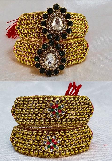 Adjustable Brass Golden Stone Stud Gold Plated Rajasthani Pochu Bracelet Bajuband