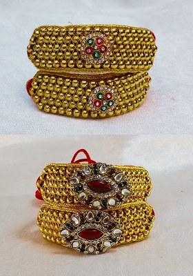 Adjustable Brass Golden Stone Stud Gold Plated Rajasthani Pochu Bracelet Bajuband
