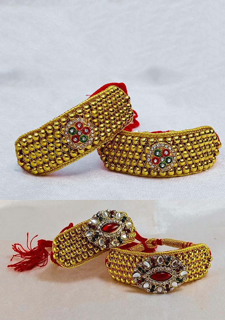 Adjustable Brass Golden Stone Stud Gold Plated Rajasthani Pochu Bracelet Bajuband