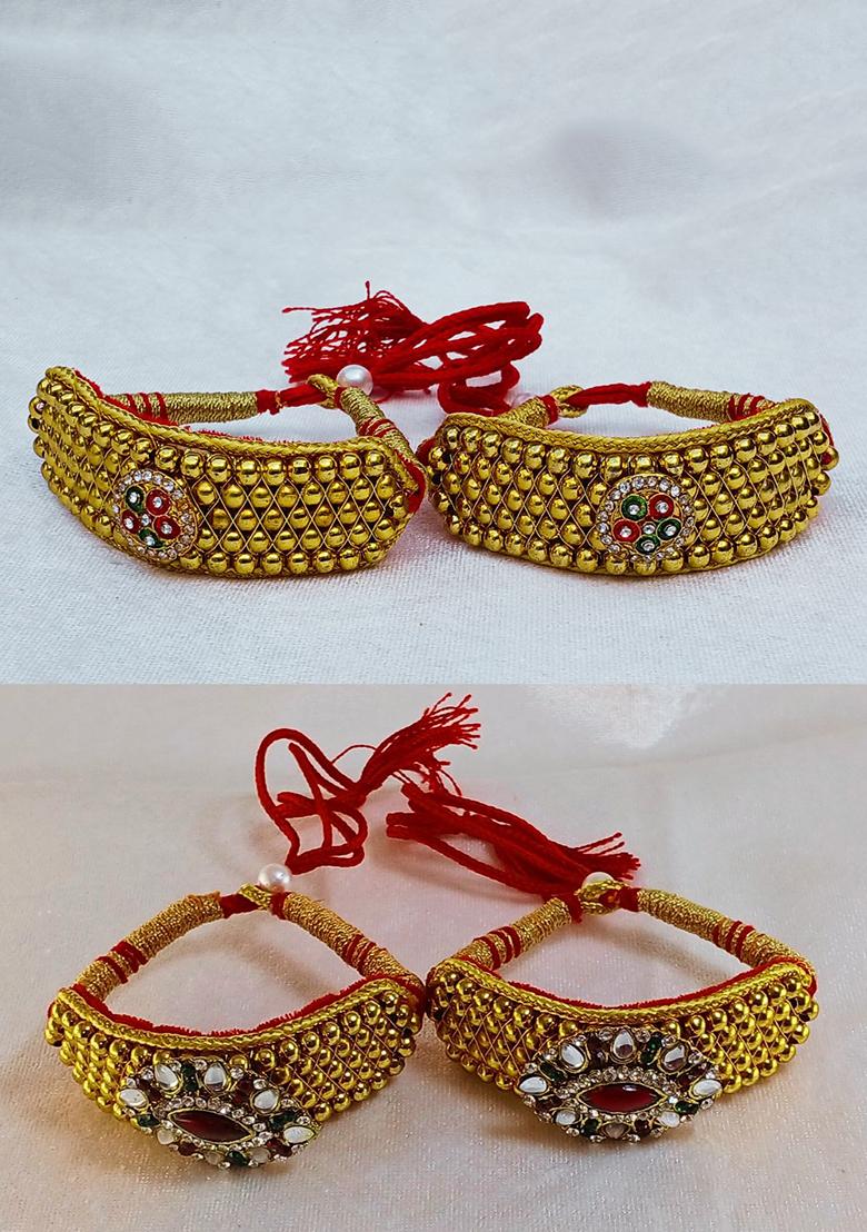 Adjustable Brass Golden Stone Stud Gold Plated Rajasthani Pochu Bracelet Bajuband