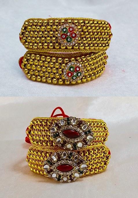 Adjustable Brass Golden Stone Stud Gold Plated Rajasthani Pochu Bracelet Bajuband