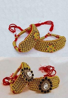 Adjustable Brass Golden Stone Stud Gold Plated Rajasthani Pochu Bracelet Bajuband