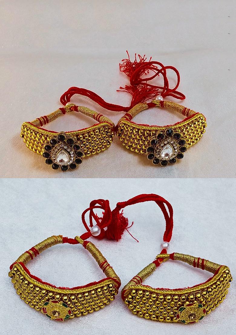 Adjustable Brass Golden Stone Stud Gold Plated Rajasthani Pochu Bracelet Bajuband
