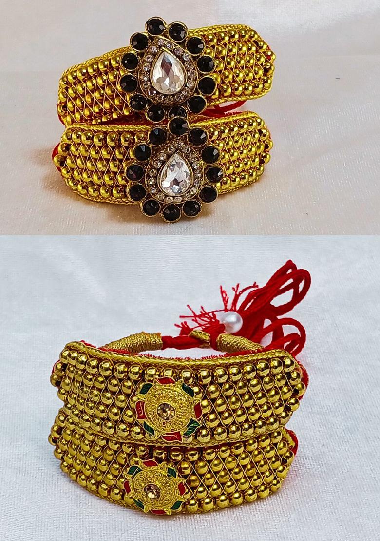 Adjustable Brass Golden Stone Stud Gold Plated Rajasthani Pochu Bracelet Bajuband