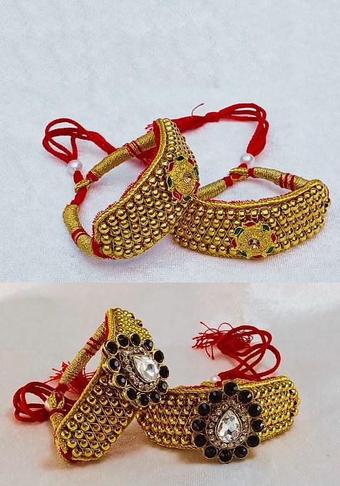 Adjustable Brass Golden Stone Stud Gold Plated Rajasthani Pochu Bracelet Bajuband