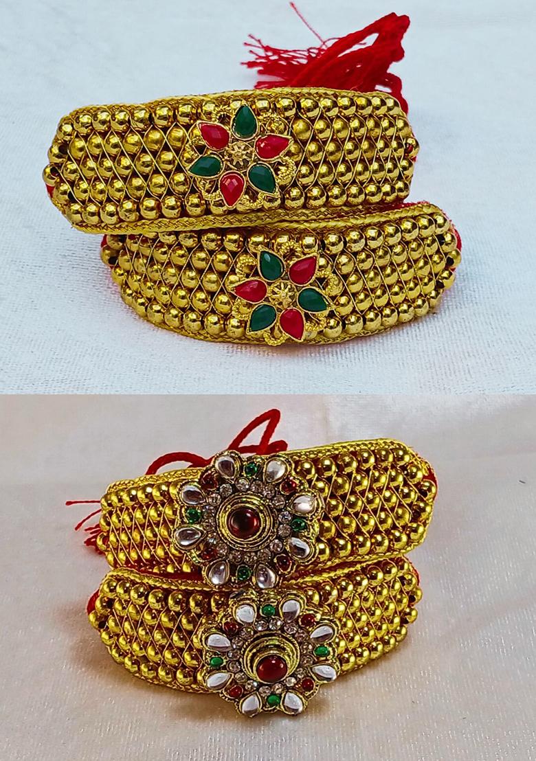 Adjustable Brass Golden Stone Stud Gold Plated Rajasthani Pochu Bracelet Bajuband