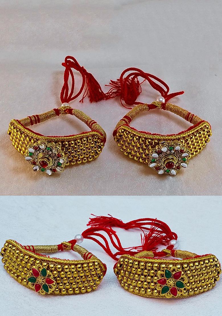 Adjustable Brass Golden Stone Stud Gold Plated Rajasthani Pochu Bracelet Bajuband