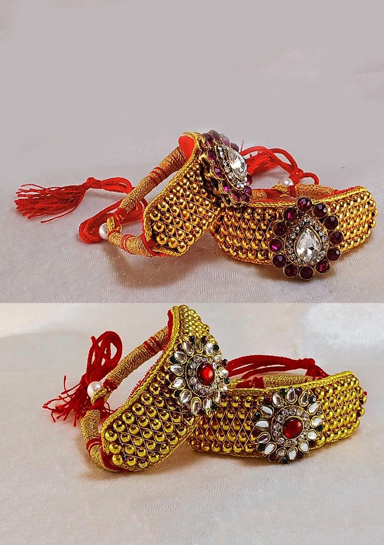 Adjustable Brass Golden Stone Stud Gold Plated Rajasthani Pochu Bracelet Bajuband